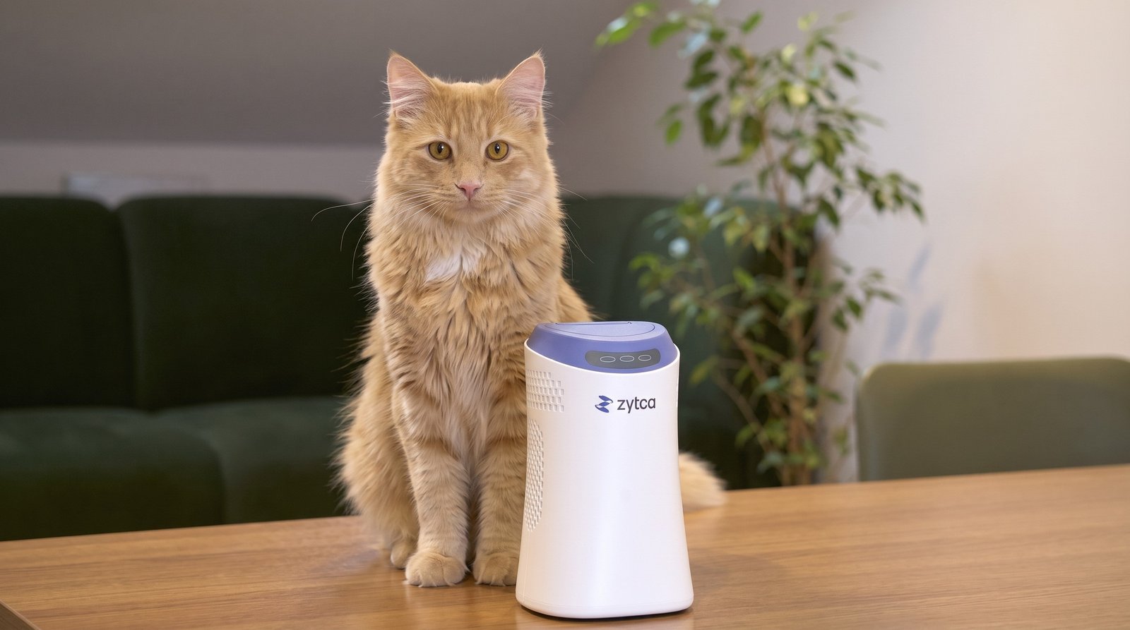 The UlfaQ in-clinic qPCR analyser on a consult room table, with a cat beside it
